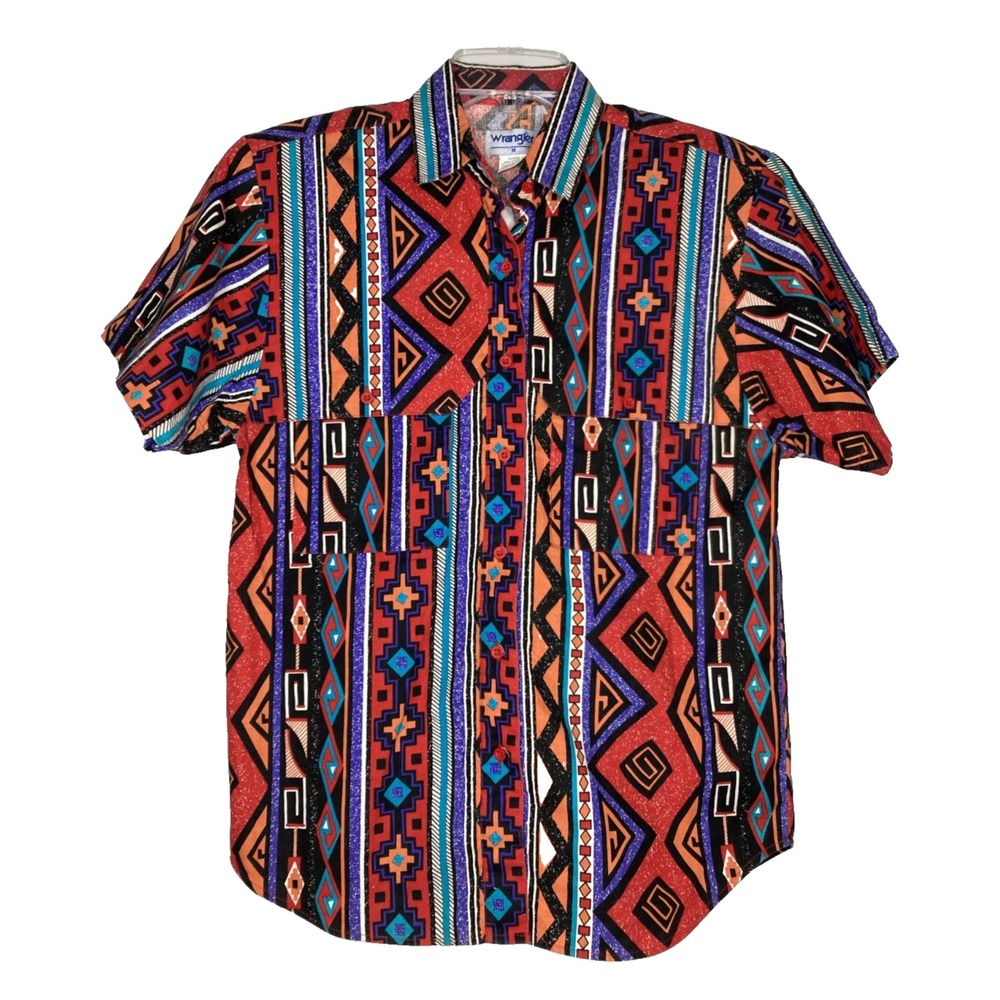 Vtg WRANGLER Women's Medium Button Up Top Short Sleeve Collared Southwestern